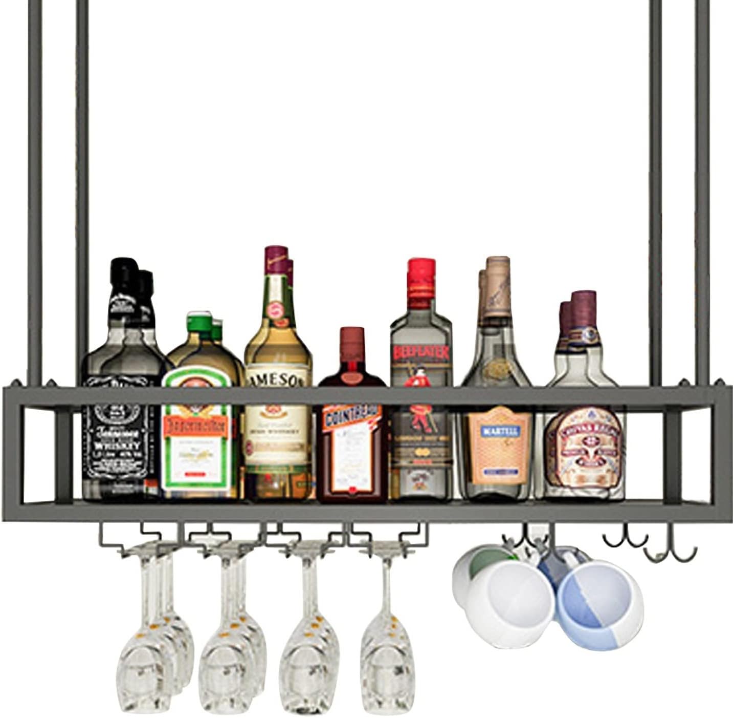 Suspended Ceiling Bar Rack - Black Metal Wine Cabinet Glass Holder & Bottle Storage Shelf Perfect for Kitchen & Under Furniture Wine Display Space-Saving Solution