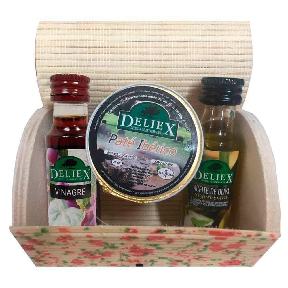 Recuerdo en baúl de flores con miniaturas de Aceite de Oliva, vinagre de Jerez D.O. y monodosis de paté ibérico (Pack 24 ud)