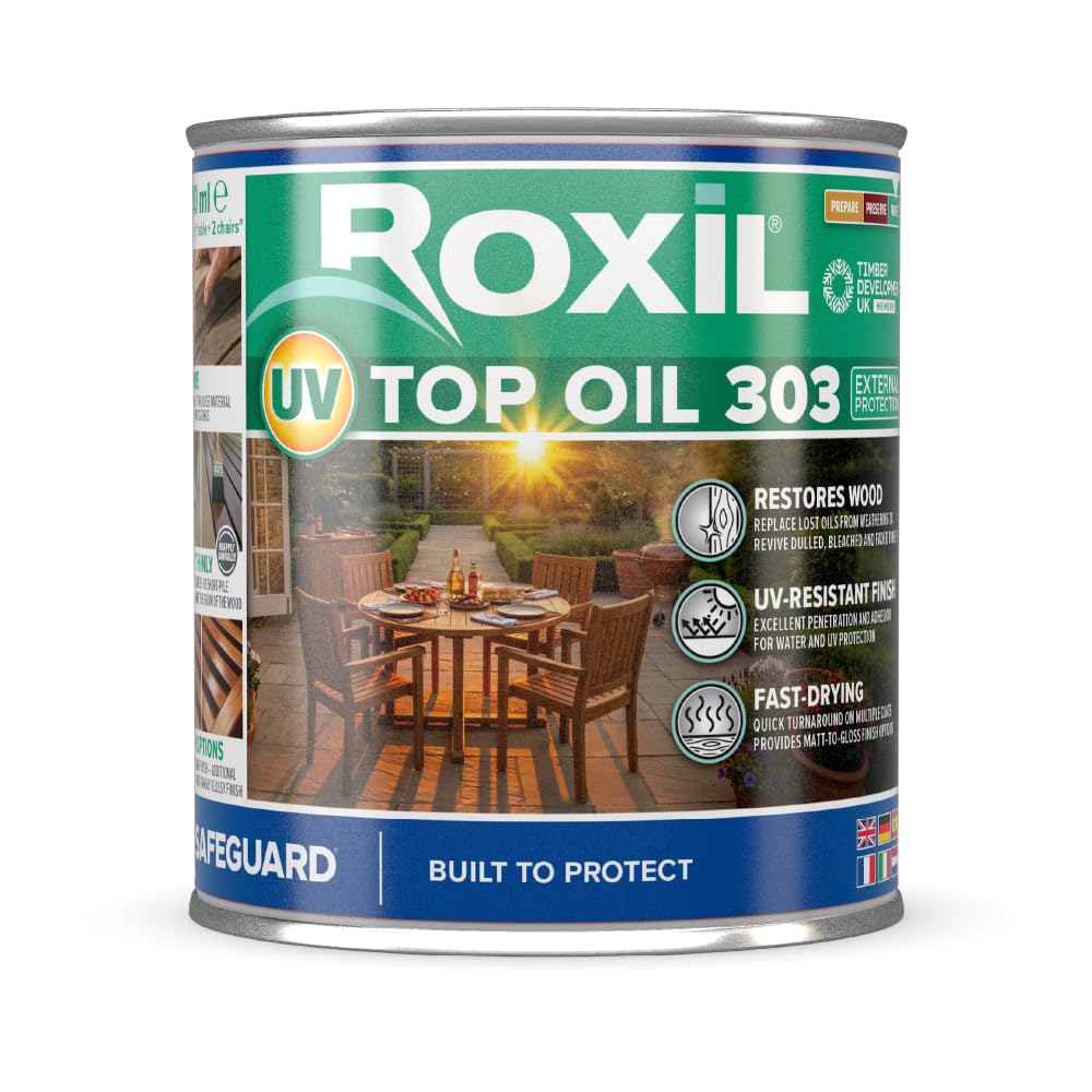 Roxil Huile Haute Protection UV 303 (500ml, Incolore Mat à Brillant) | Protection Solaire et Intempéries pour Meubles de Jardin, Terrasses et Abris | Finition Hydrofuge pour Bois Extérieur