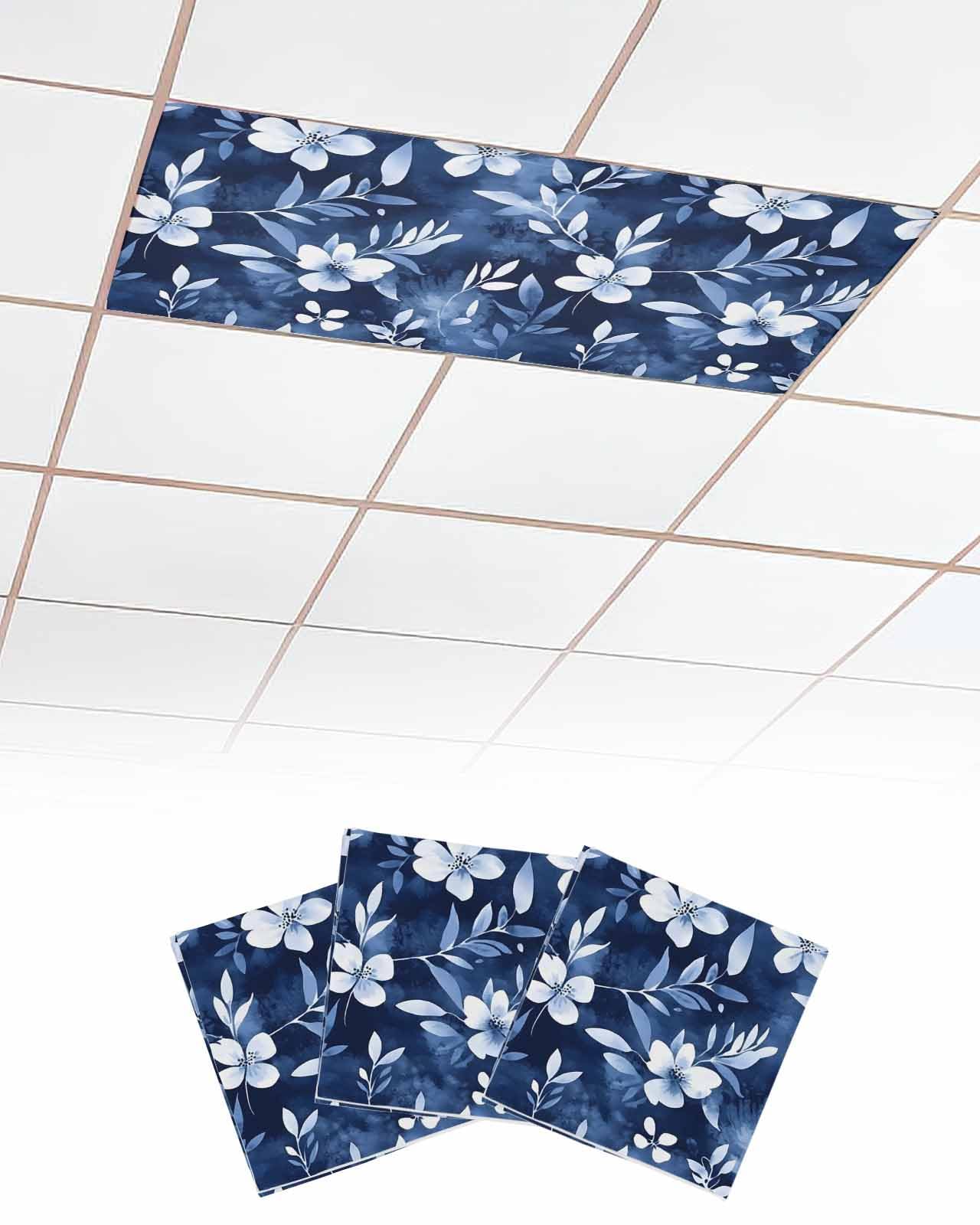 Abstract Art 3 Pcs Fluorescent Light Covers for Ceiling Lights, Dark Blue Flower Leaf Magnetic Light Filters for Eliminate Harsh Glare Classroom Office Decoration, 4 x 2 Ft