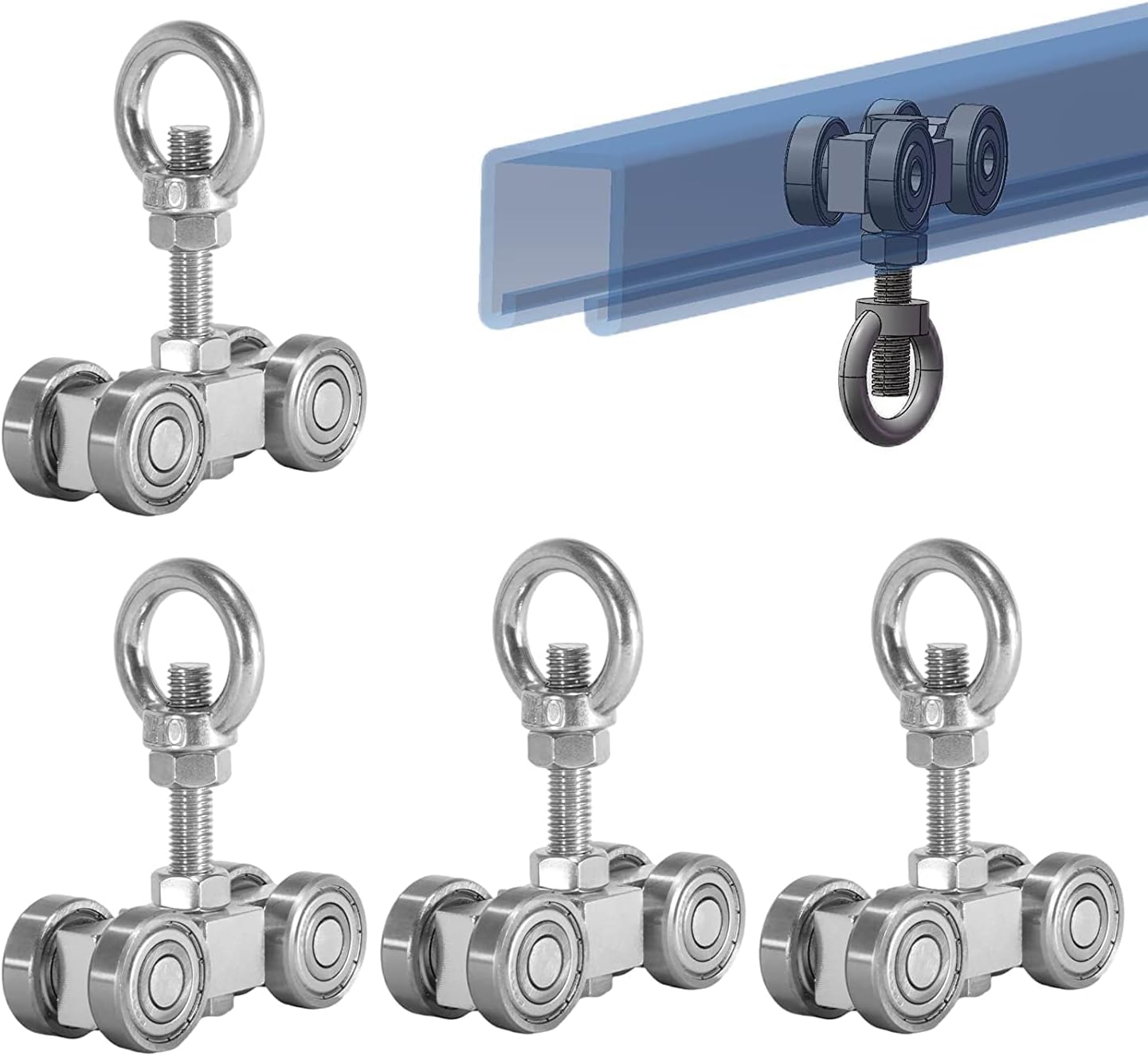 SKTREX 4 Wheel Silent Trolley Assembly Rollers Four Bearing Trolley Assembly for 1-5/8" Wide and All 1-5/8" or Taller unistrut Strut Channel with M10 Bolt and Lifting Eye Nuts