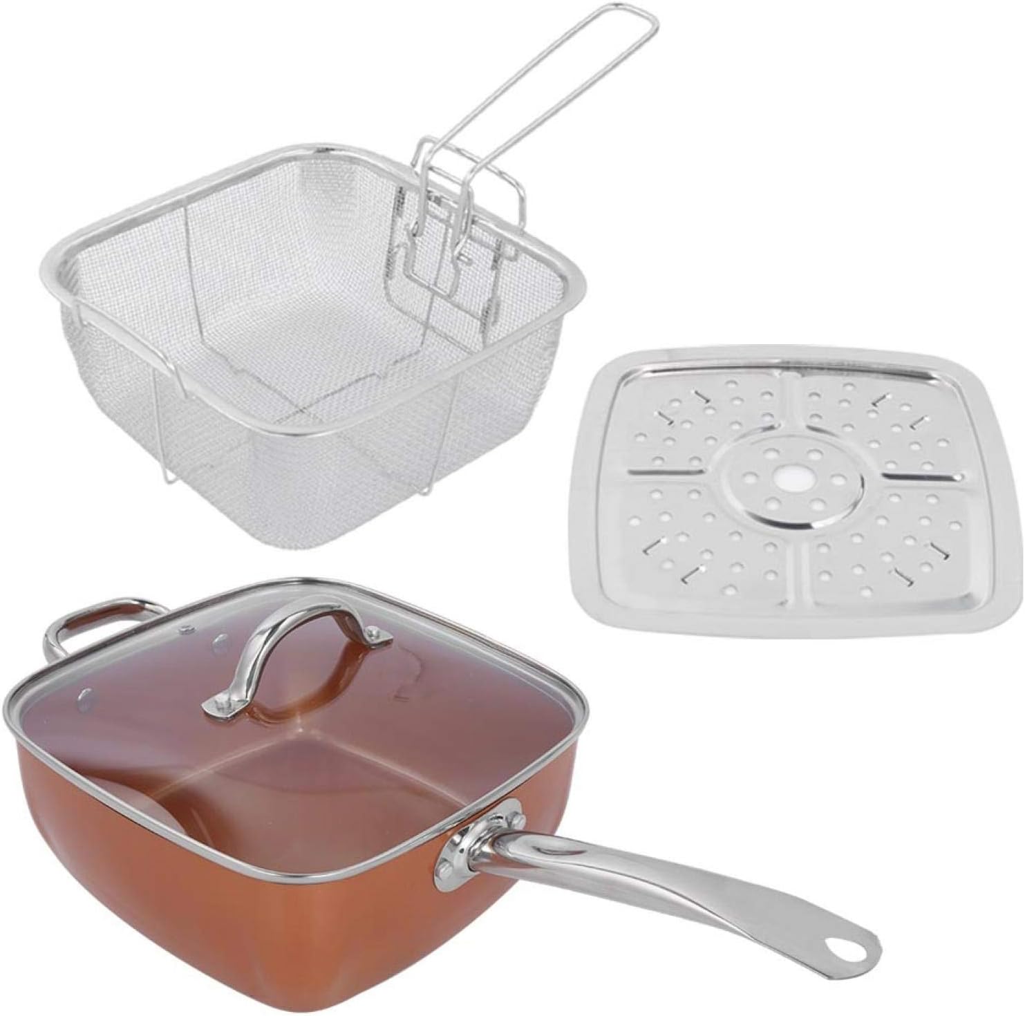 4 Piece Cookware Sets, Stainless Steel Kitchen Appliances, Multifunctional Deep‑plate Square Pots with Pot/Tempered Glass Lid/Frying Pan/Steaming Plate for Baking/Frying/Roasting/Steaming/Stewing