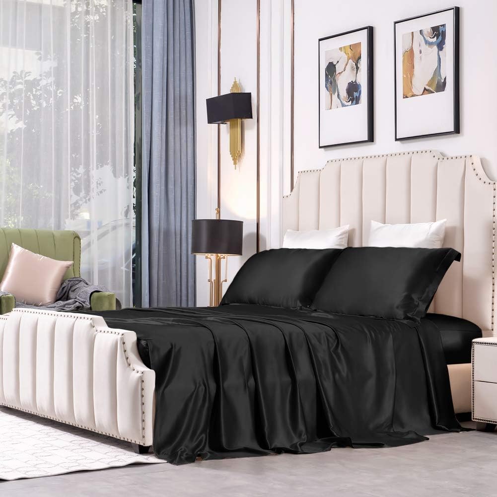 THXSILK Luxury Silk Bed Sheet, Flat Sheet Only, Seamless, 25 Momme Mulberry Silk, Soft and Durable (Black, Queen)