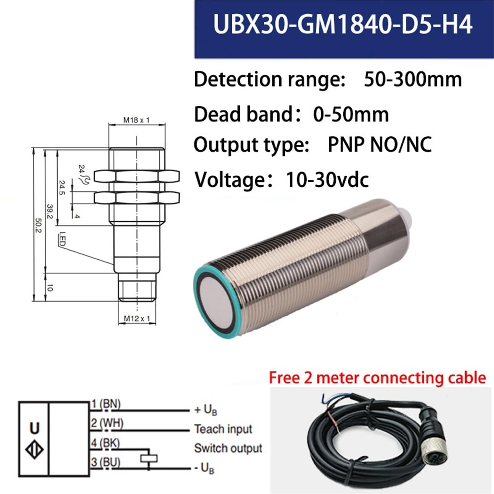 Sensor de proximidad ultrasónico GM1840 M18, Tiempo de Respuesta aproximado de 100 ms, Sensor de Distancia, 300 mm, 800 mm, 4-20 mA, 0-10 V(300mm PNP NO NC)