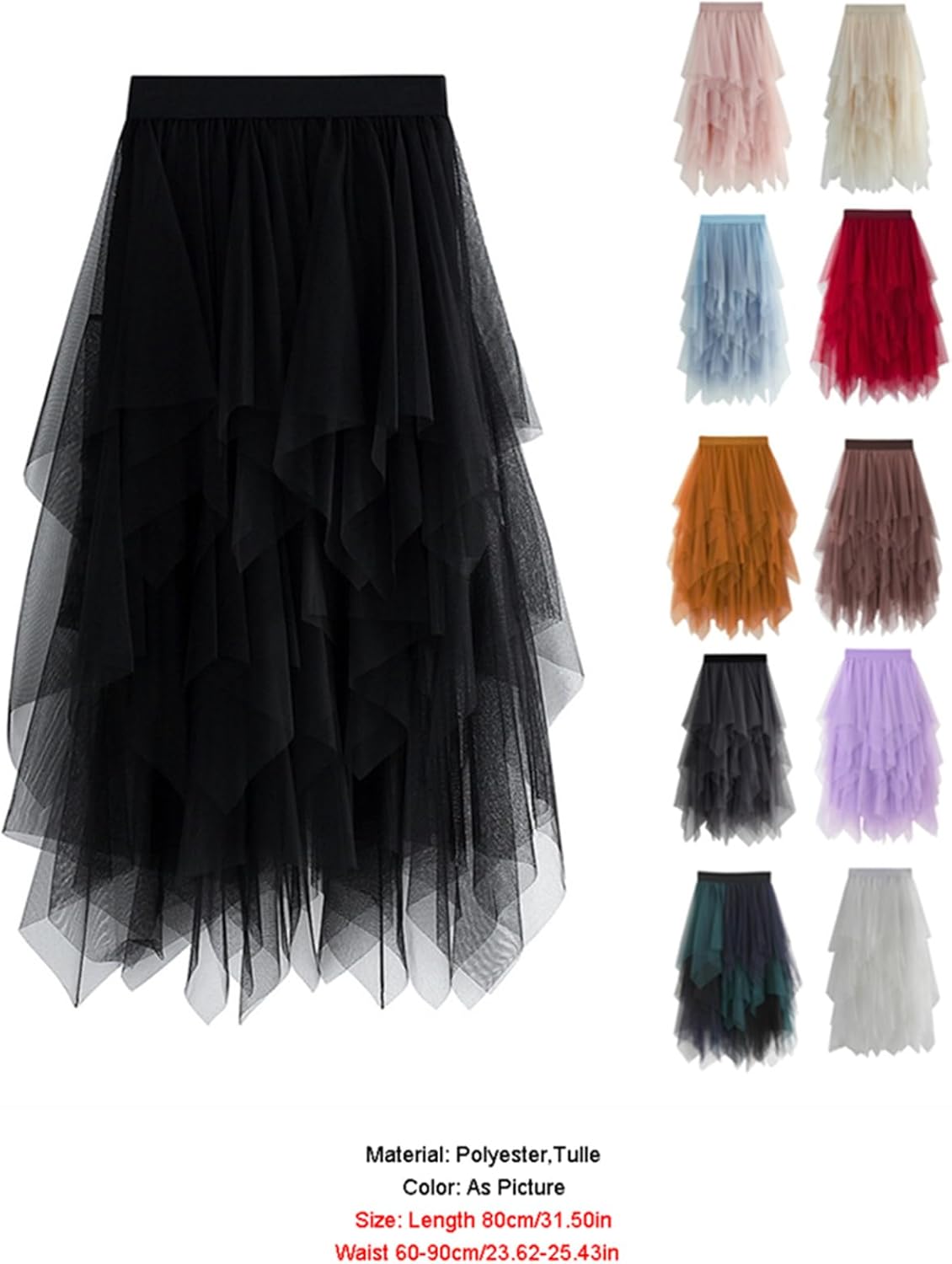 Women’s Tiered Tulle Midi Skirts Y2K Elastic High Waist Layered Mesh Fairy Skirts Cocktail Asymmetrical Tutu Skirt - Image 7
