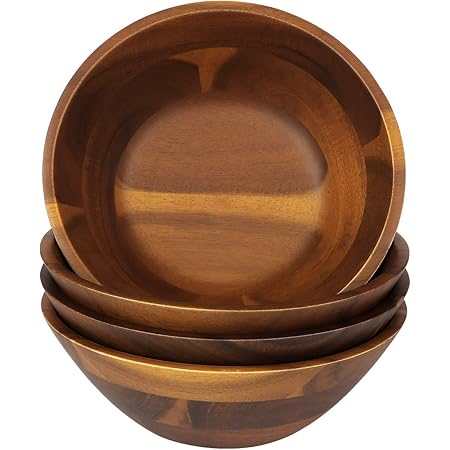 AIDEA Wooden Bowls, 7 Inch Acacia Wood Salad Bowl Set of 4 Wooden Serving Bowl for Salad, Soup, Noodle and More
