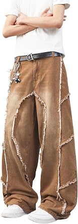 DFGIGT Mens Baggy Jeans Street Rock Style Fringe Frayed Edges Jeans Patchwork Wide Leg Skater Denim Pant