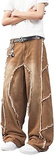 DFGIGT Mens Baggy Jeans Street Rock Style Fringe Frayed Edges Jeans Patchwork Wide Leg Skater Denim Pant
