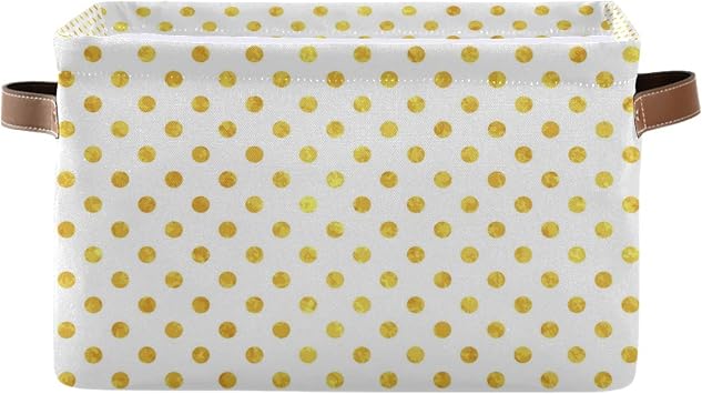 QMXO Germetric Golden Polka Dot Pattern Canvas Fabric Storage Basket Collapsible Toys Storage Bin with PU Leather Handles Basket Box Organizer for Wardrobe Closet Shelves Organiser