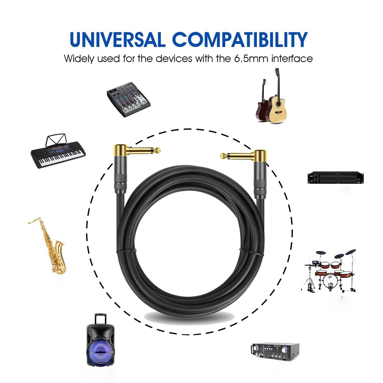 Cable TRS Macho De Ángulo Recto 1/4 Pulgadas Para Mandolina Eléctrica Bajo | Cable de para guitarra(Pack of 2,12m)