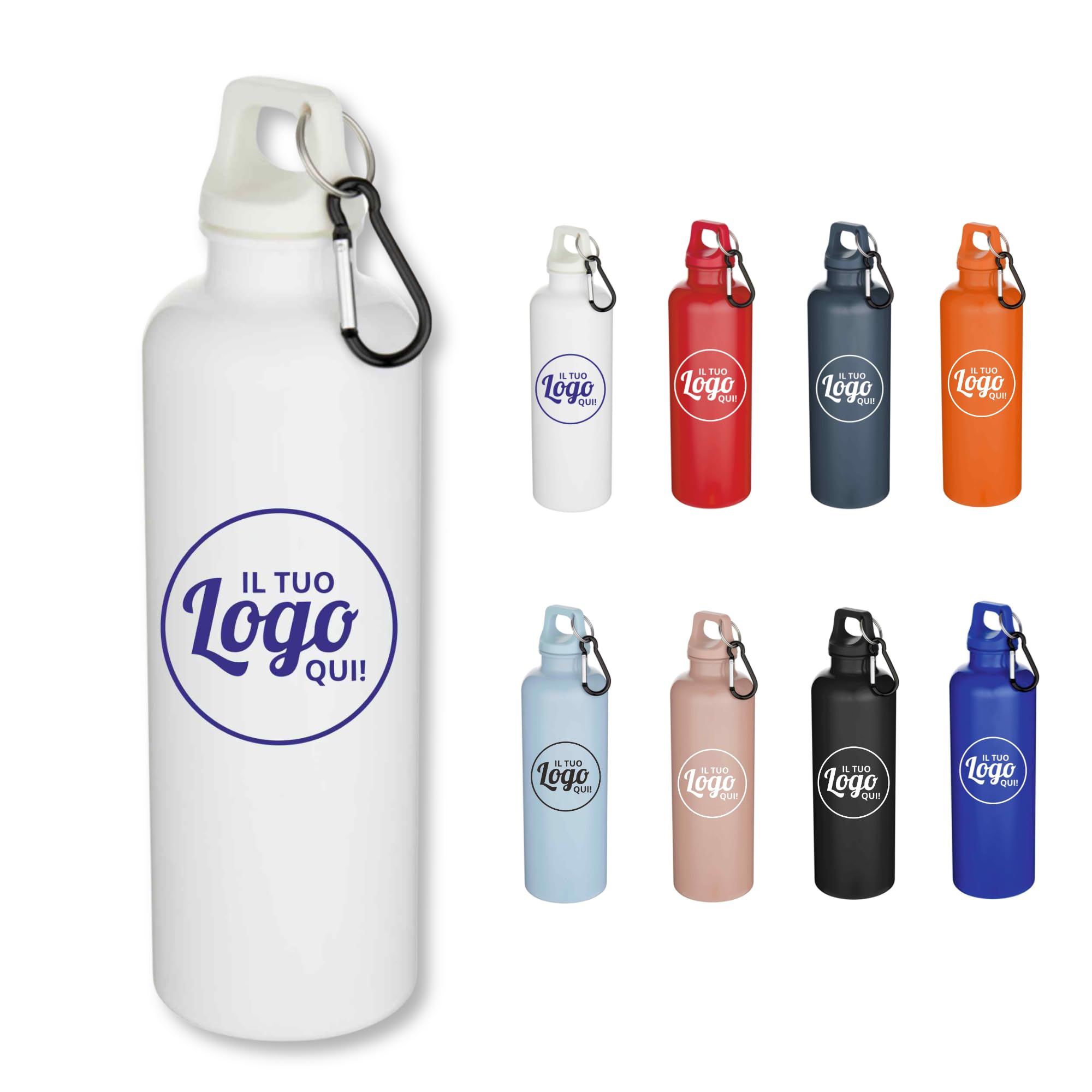 Set 10 Borracce Ecologica Personalizzabili, Made in Italy - 750ml in PET Riciclato Certificato RCS – Kit Personalizzato - Leggera con Moschettone e Tappo a Vite – Per Sport e Ufficio (10, Bianca)