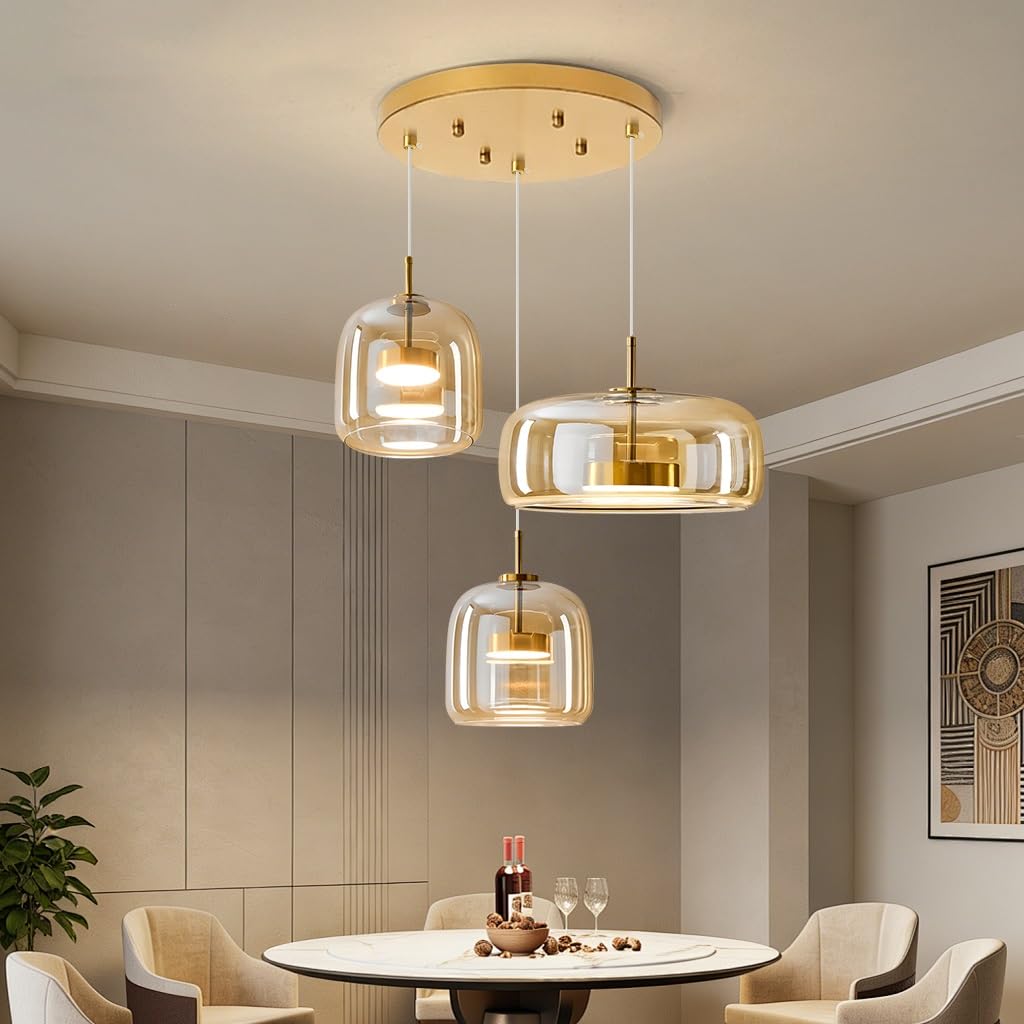 Pendelleuchte Esstisch Hängelampe Glas 3 Flammig Hängeleuchte Vintage Bernstein Esstischlampe Retro E27 Pendellampe Höhenverstellbar Für Esszimmer Wohnzimmer Küche Restaurant(Amber,3 lights-A)