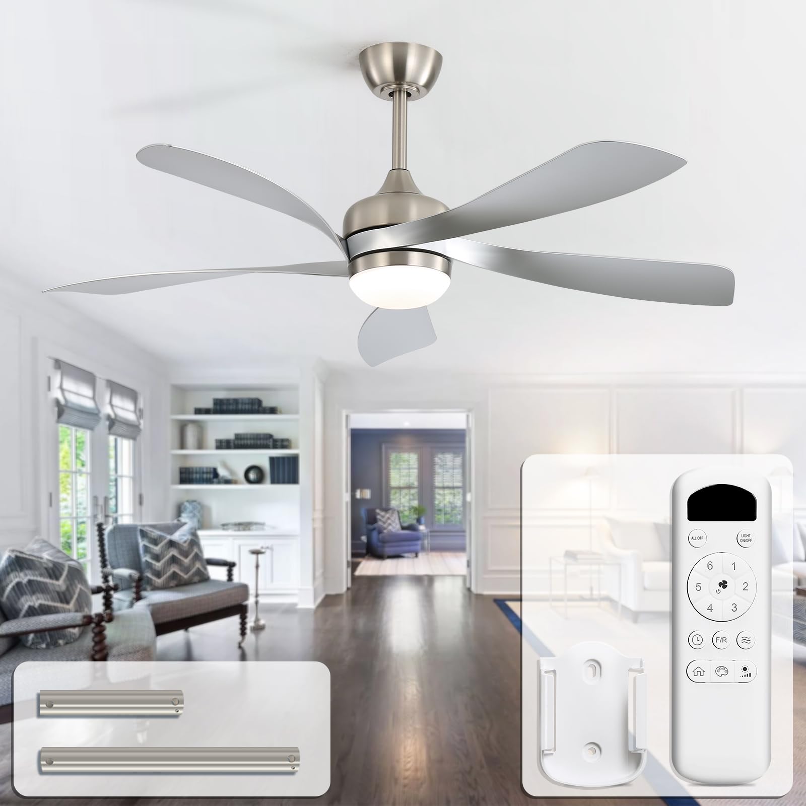 CACI Mall 52 Inch Ceiling Fans with Lights and Remote, modern, Outdoor ceiling fan with 6-Speed, 5 Blades, 2 Downrods, 3 CCT, Timer, Quiet Reversible DC Motor for Living Room, Bedroom, Patios