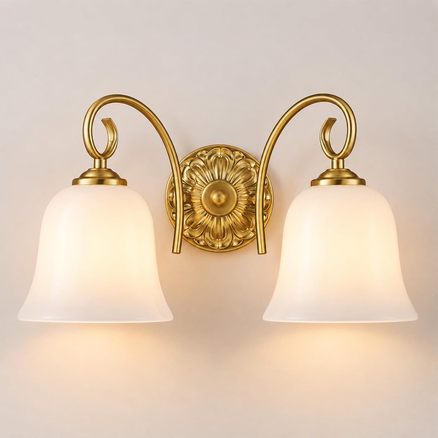 Hamilyeah Gold Vintage Bathroom Vanity Light, Milky White Glass, 2-Light