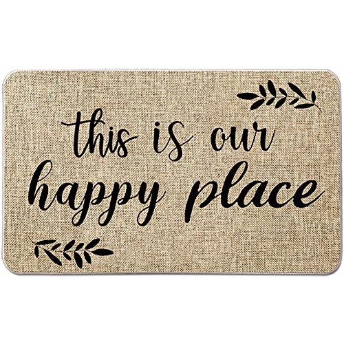 NYDECOR Welcome Mats for Front Door This is Our Happy Place Door Mat Decorative Quote Doormat Farmhouse Floor Mats Rubber Entrance Rug for Indoor Outdoor 17x28 inch