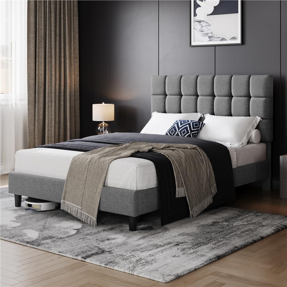 Lit Double 140x200cm Yaheetech - Sommier Lattes, Tête De Lit Capitonnée - Gris Foncé