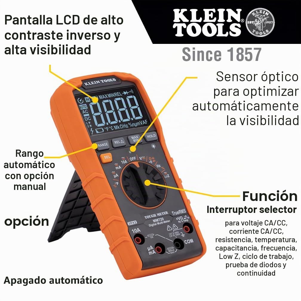 Klein Tools MM720 - Multímetro digital, TRMS de rango automático, baja impedancia (LOZ), voltaje de 1000 V CA/CC, corriente de 10 A CA/CC, resistencia de 60 MOhms