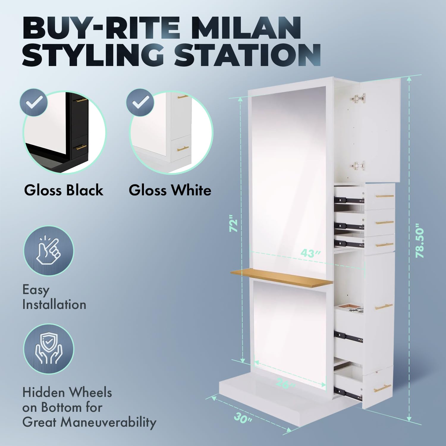 Buy-Rite Milan Single Sided Styling Station for Salons, Gloss White, Full Mirror, Metal Shelf, Slide-Out Tool Panel, 4 Drawers, Concealed cabinets, Hidden Wheels, Model NIN-MSN-01.