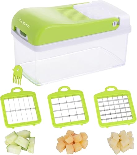 Miniatura 7 de Picador de verduras, picador de verduras con recipiente y cepillo de limpieza, tira antideslizante en la parte inferior, juego de 3 cuchillas