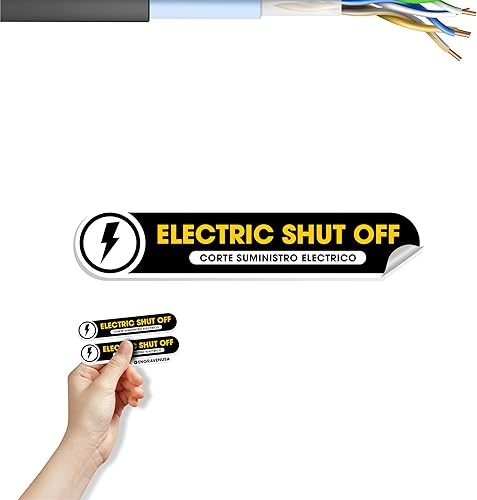 Miniatura 1 de Paquete de 2 calcomanías de apagado eléctrico bilingüe | Calcomanías de vinilo mate pequeñas de 5 x 1 pulgadas | Impermeables, a prueba de arañazos