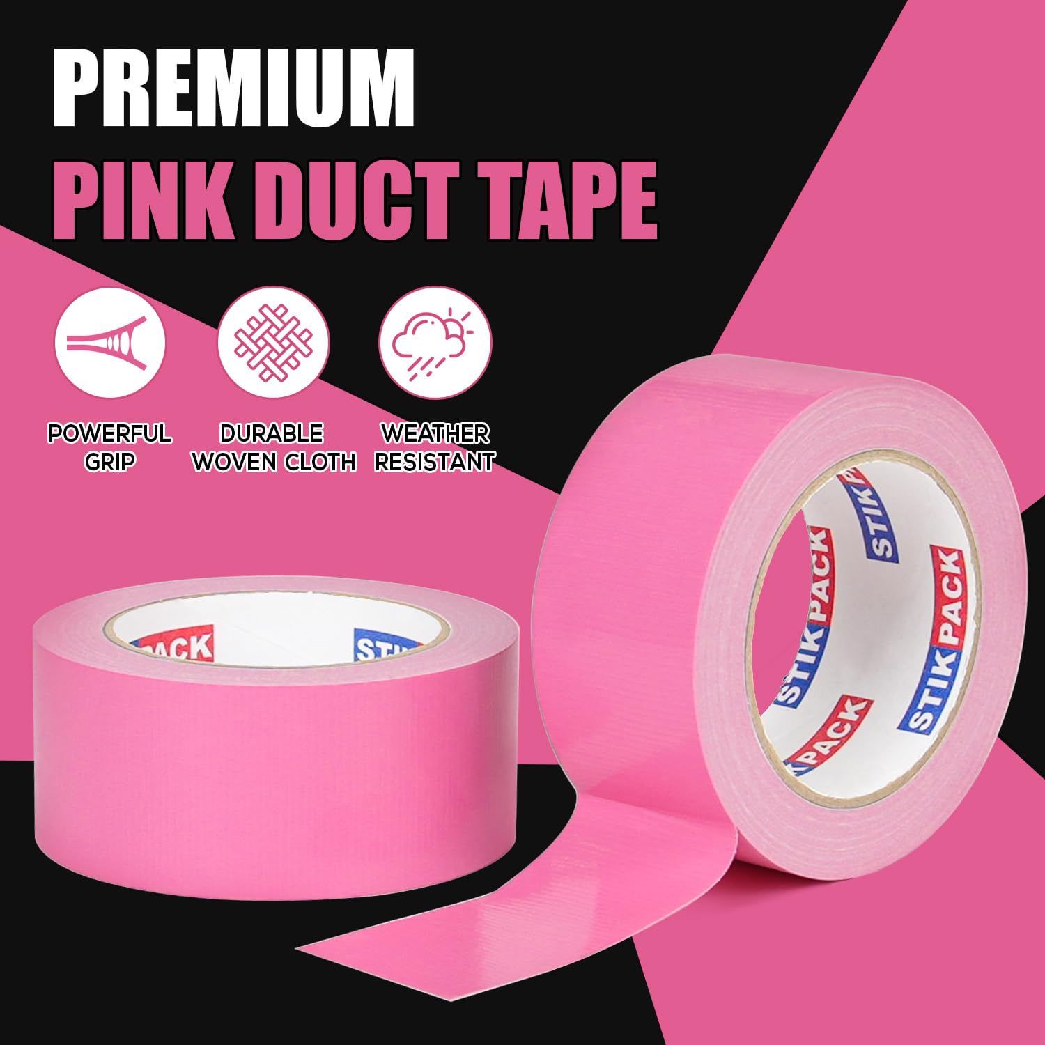 2 Rolls Pink Duct Tape, Heavy Duty Strong Industrial Colored Duct Tape 9mil x 2inch x 25yds Flexible, No Residue, Waterproof and Tear by Hand, Multi-Use for Indoor & Outdoor Repairs