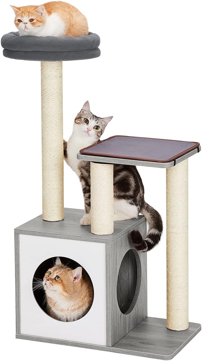 Veehoo Wood Cat Tree Tower for Indoor Cats 32.5 and 48 inches Heavy Duty Modern Cat Condo Furnitures with Sisal Scratching Posts & House…