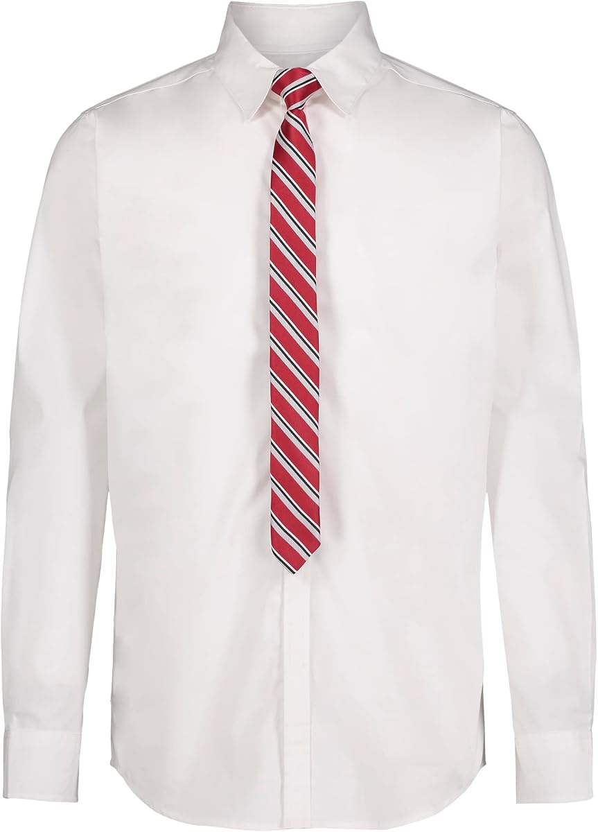 Boys' Adaptive Long Sleeve Collared Button-Down Dress Shirt and Tie Set, Faux Buttons & Velcro Closure, White, 10-12