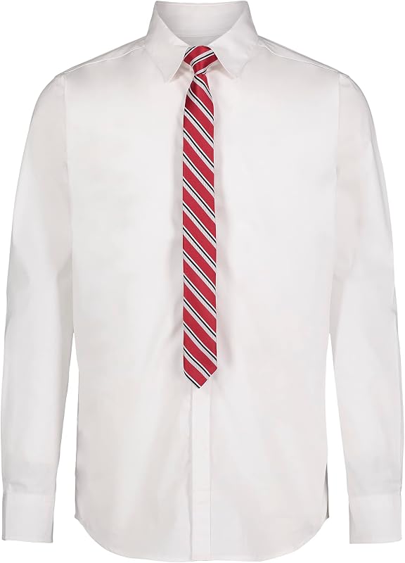 Boys' Adaptive Long Sleeve Collared Button-Down Dress Shirt and Tie Set, Faux Buttons & Velcro Closure, White, 10-12