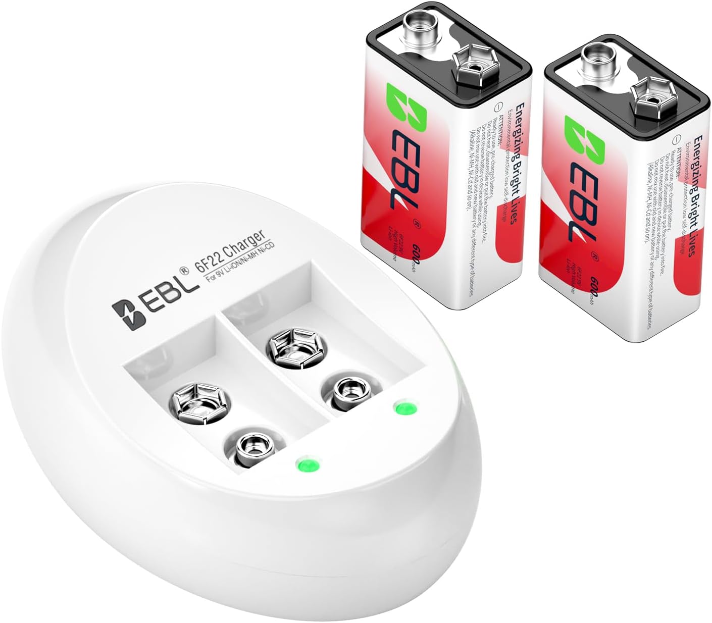 EBL 9V Li-ion Rechargeable Batteries with 9V Battery Charger, 600mAh 9 Volt Cell 2 Pack