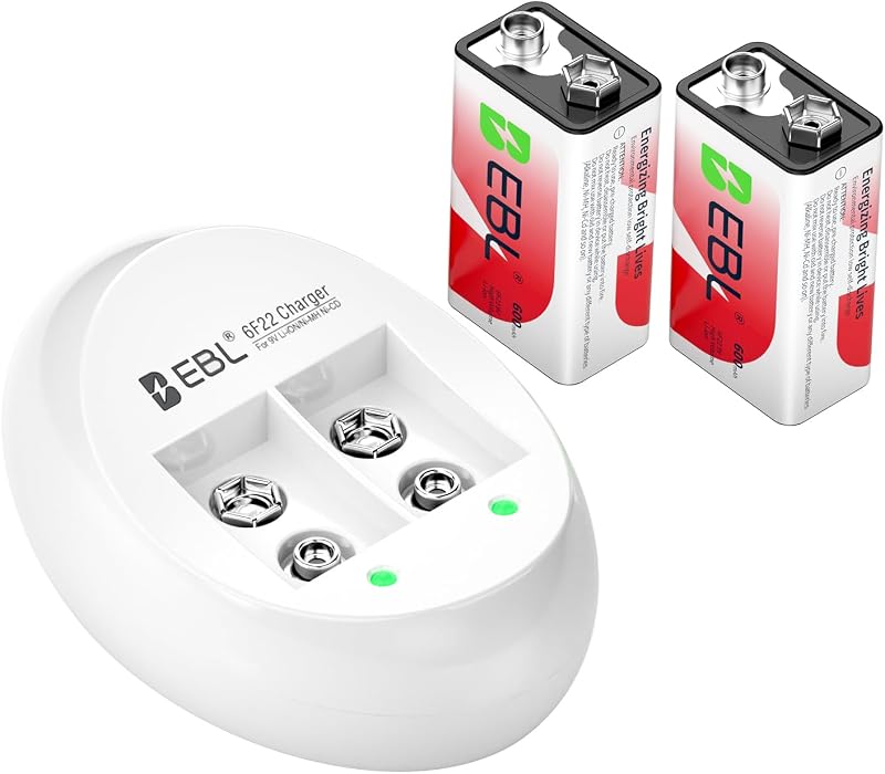EBL 9V Li-ion Rechargeable Batteries with Battery Charger | 600mAh 9 Volt Cell 2 Pack for Micrphone, Guitar, Mercury-Free, 40% Lighter