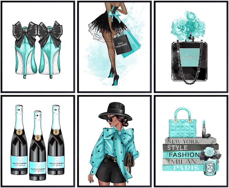 Blue Glam Wall Decor - Black African American Wall Decor - Designer Perfume, Shoes, Handbags - High Fashion Design Gift - Luxury Couture Art Poster Set for Women, Teens, Girls Bedroom
