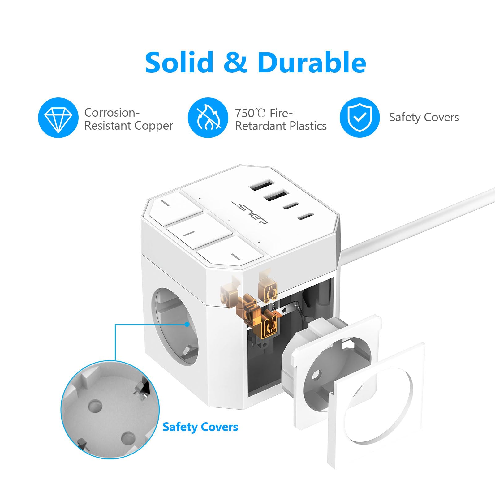 JSVER Listwa Zasilająca Cube z Indywidualnymi Przełącznikami USB-C, 3 Gniazdami, 2 Portami Typu C i 2 Portami USB-A, moc 3680 W, 16 A, kabel 2 m do Smartfonów i Tabletów-Biała