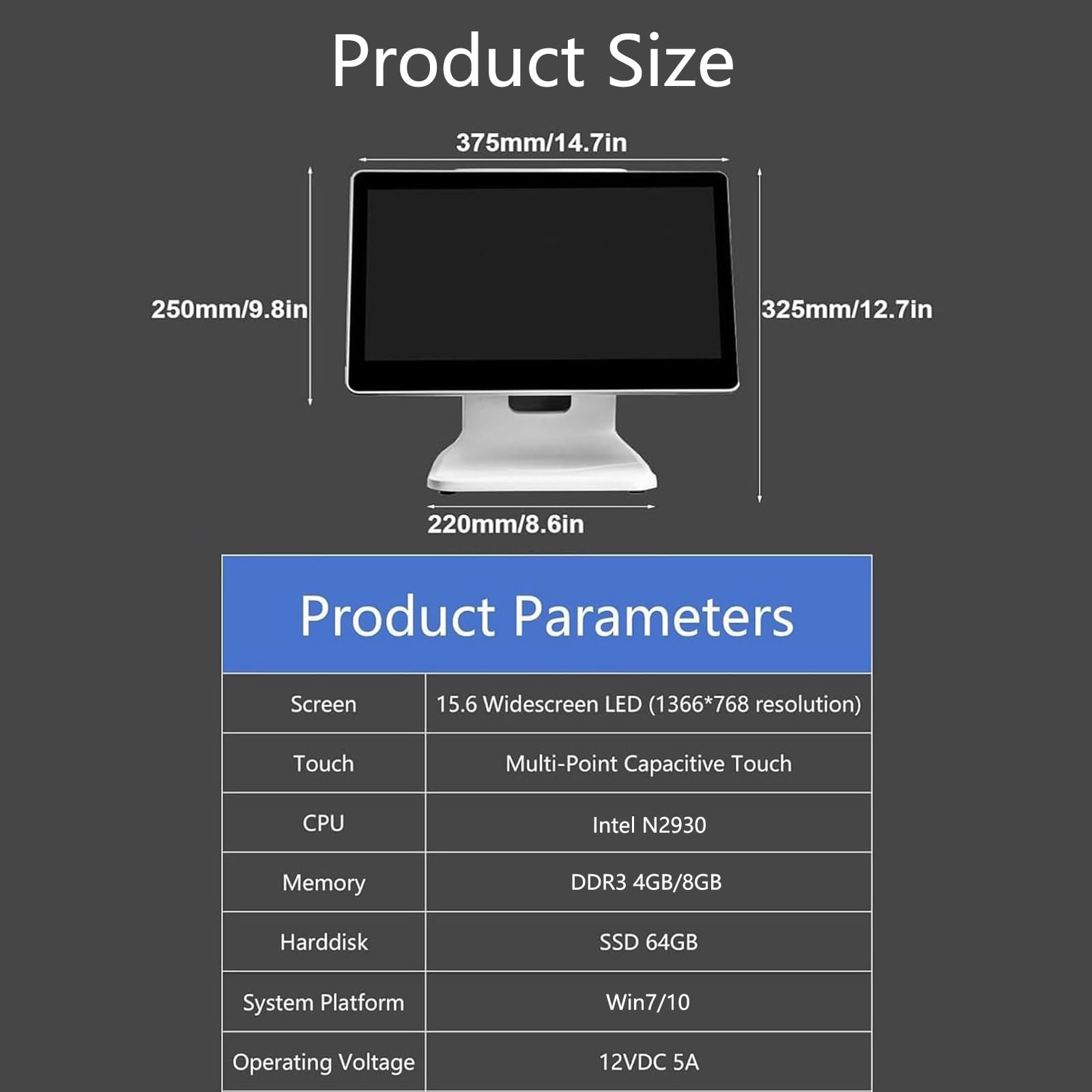 Pantalla táctil de 15,6", Caja registradora Todo en uno, Sistemas POS CPU N2930, 4/8gb Ram, 64gb Ssd, Caja registradora Inteligente, para Comercio minorista, restauración,8GB