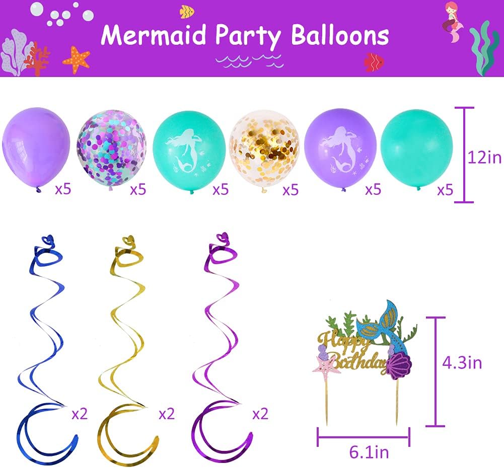 Mermaid Party Decorations, Mermaid Birthday Party Supplies Happy Birthday Banners Mermaid Balloons Cake Topper Swirls for Girl Kids Birthday : Toys & Games