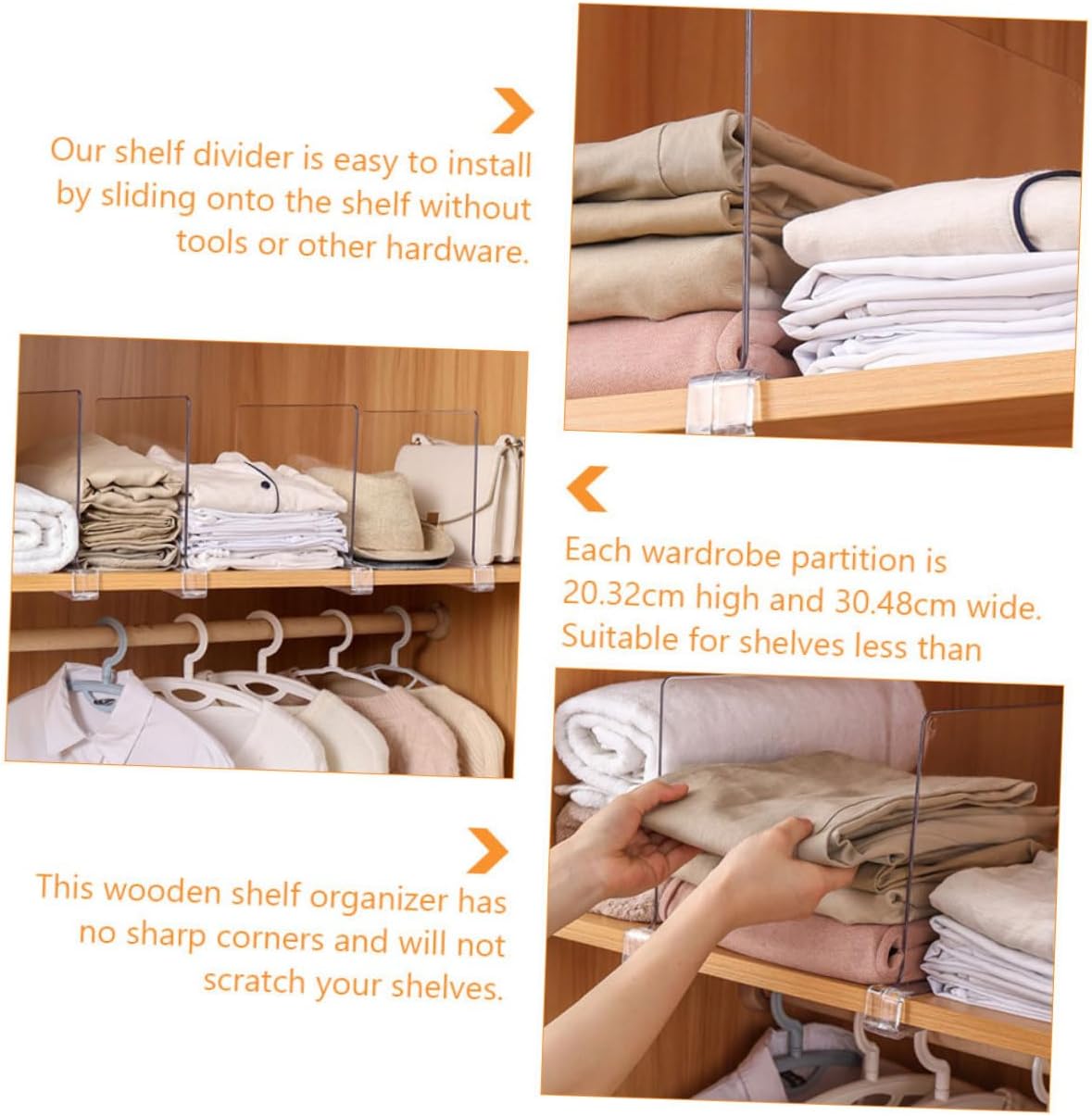 4Pcs Transparent Acrylic Closet Dividers for Organizing Shelves Strong and Lightweight Design Smooth Rounded Corners for Neat Storage of Clothes Towels and Accessories