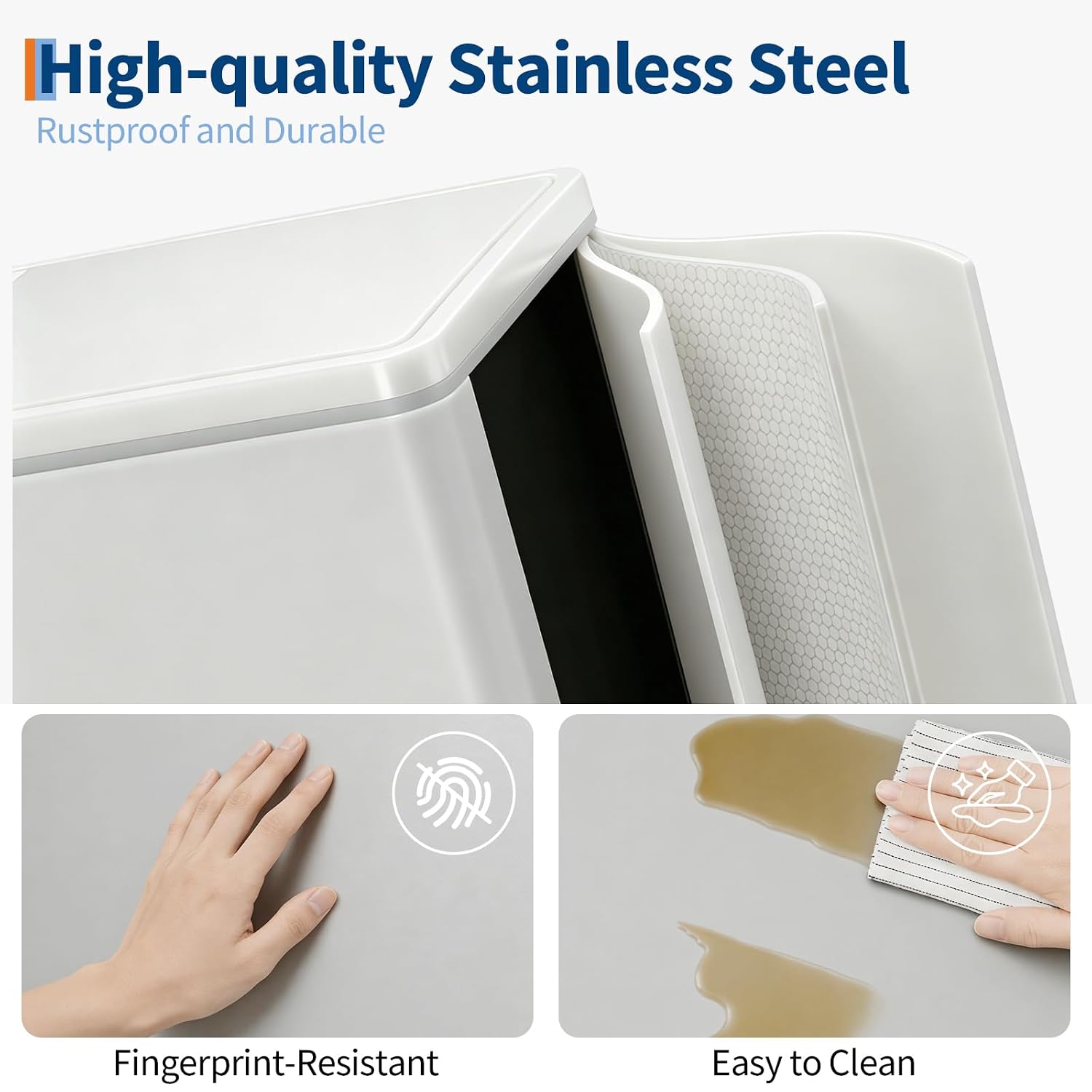 5gal Stainless Steel Double Trash Can with Lid for Kitchen, Large Dual Trash and Recycle Bin Combo, Step-on Kitchen Metal Garbage Cans, PP Inner Buckets, Liner Rim, White
