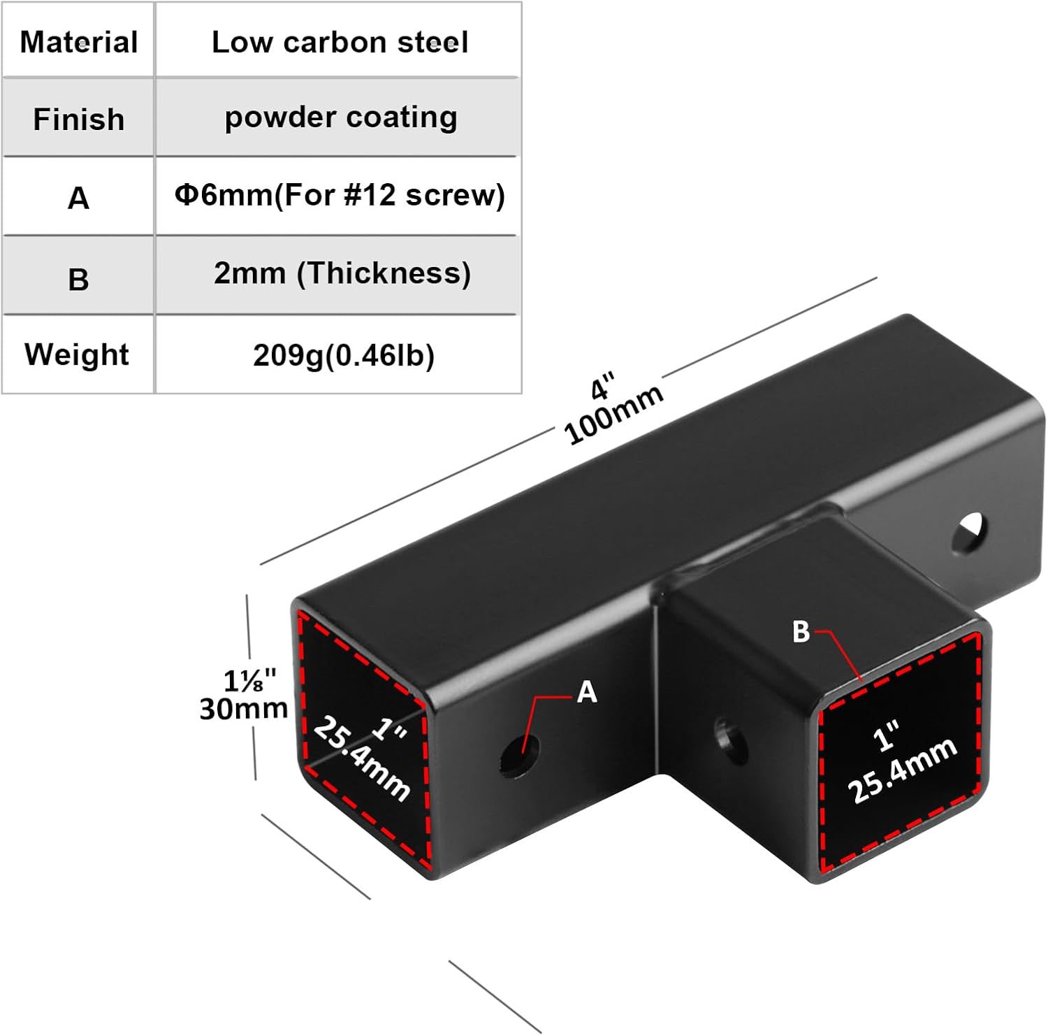 6 Pack 1 inch Black T Shape Square Tubing Connector, Heavy Duty 3 Way Tee Fitting for Railing Structures, 2 mm Thick
