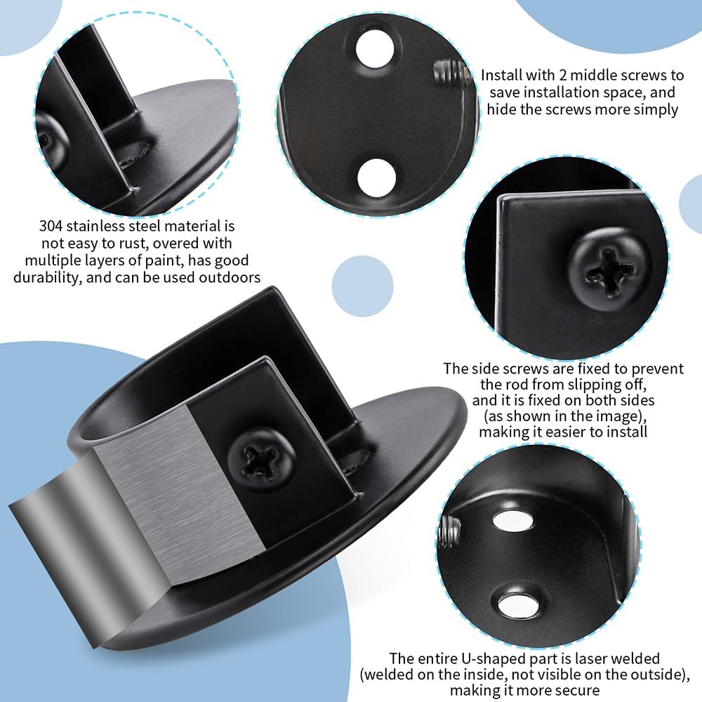 Black Stainless Steel Wardrobe Closet Rod Holders, U-Shaped Open Type Curtain Socket Bracket, Shower Curtain Rod Pole End Supports Sockets Flange, Wall Mount, 2 Sets (1-1/4 Inch)
