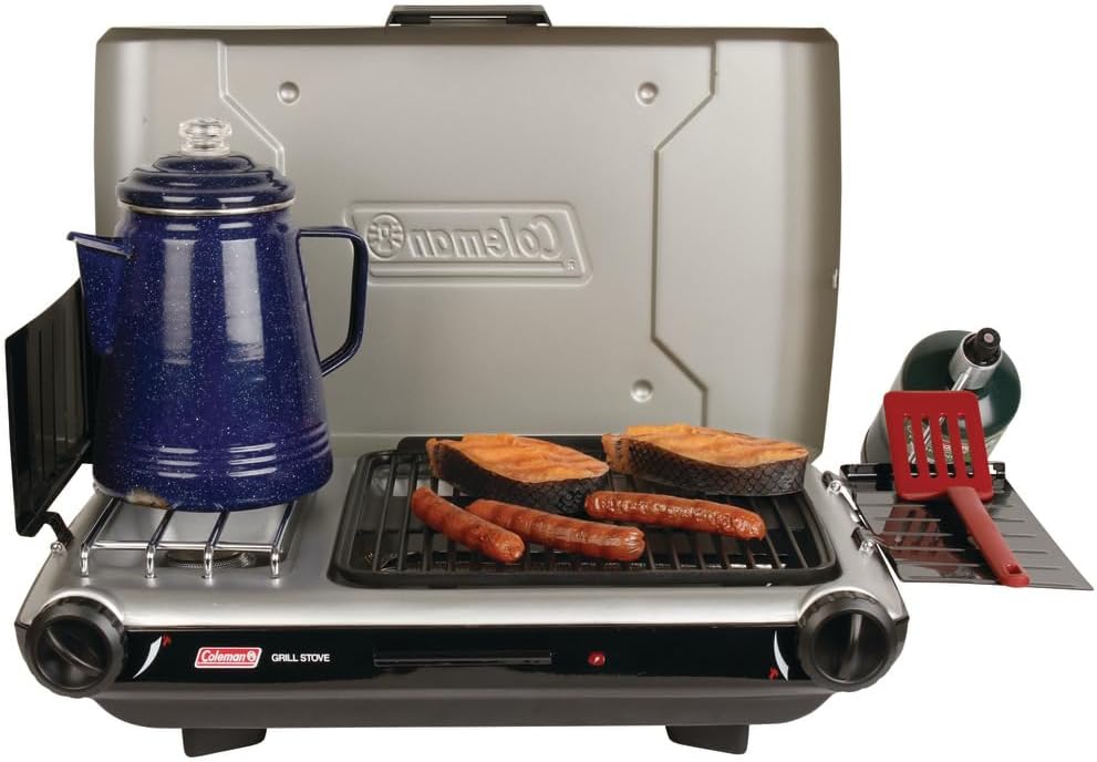 - Tabletop 2-in-1 Grill & Stove with 2 Adjustable Burners, Propane Grill/Stove with Push-Button Starter, Wind Guards, Grease Tray, & 20,000 BTUs of Power for Camping, Tailgating, & More