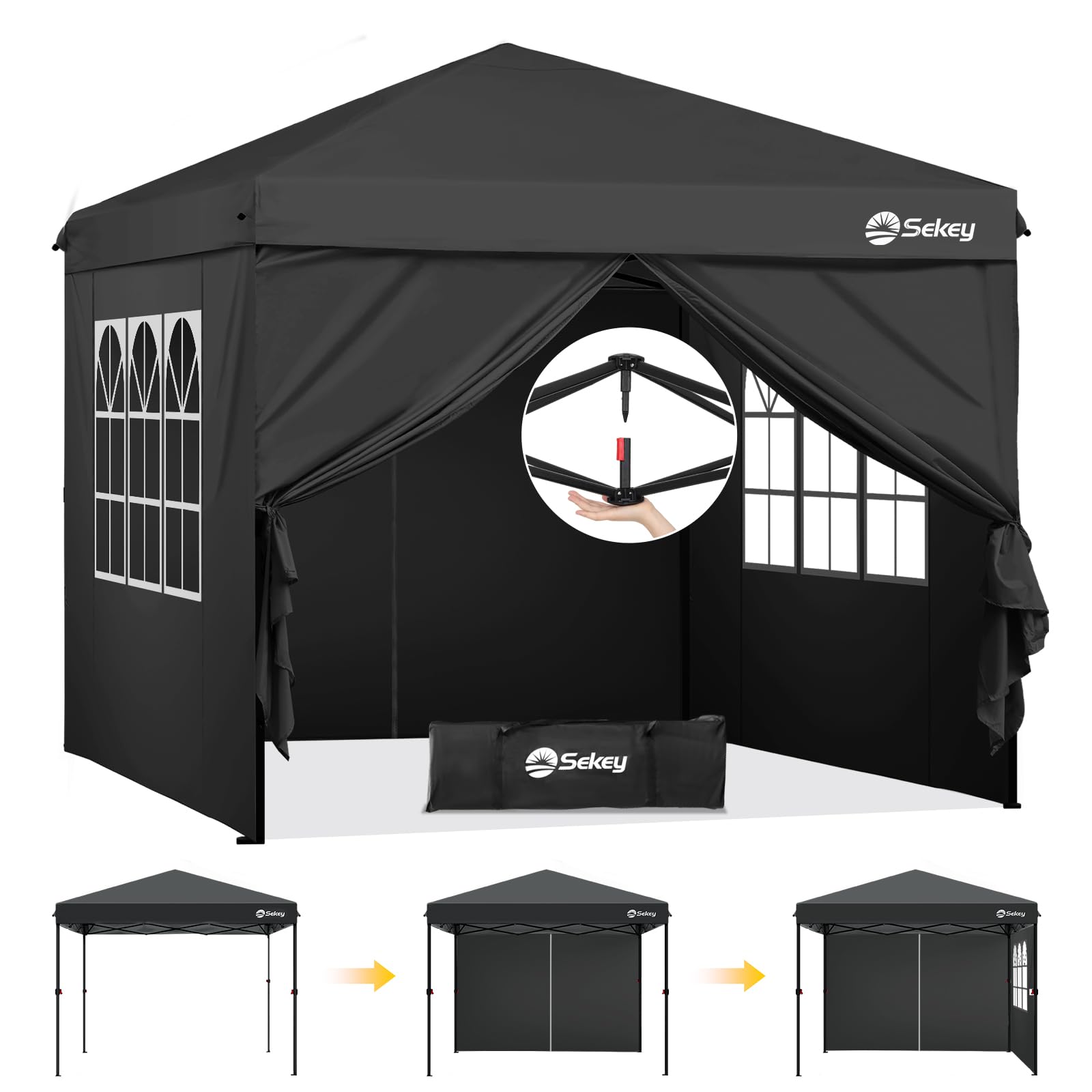 Sekey Premium Pop-Up Gazebo 3 x 3 m, Waterproof, Stable, 3 x 3 m Gazebo with Side Walls, Folding Gazebo Party Tent, Foldable for Camping, Party, Height Adjustable 250–270 cm, Black