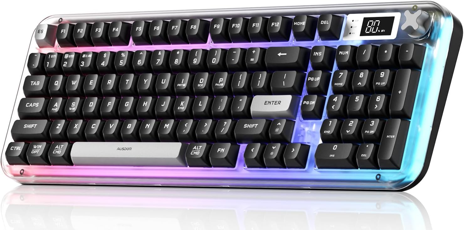 AUSDOM K98pro Wireless Silent Gaming Keyboard, Tri-Mode BT/2.4G/USB-C Computer Keyboard with Number Pad, RGB Backlit Media Knob Creamy Keyboard