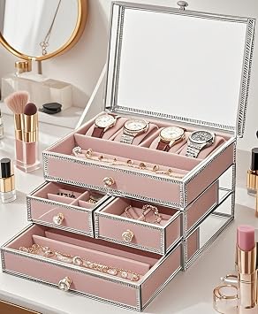 Silver Glass Jewelry Box with 4 Drawers Velvet Lined Vanity Makeup Organizer Elegant Glass Cosmetic Storage Case for Rings Earrings Necklaces Limited Stock No Restock