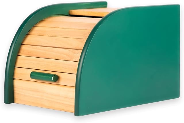 Innoteck Essentials Green Mini Bread Bin with Rolling Lid - Wooden Bread Box - Kitchen Bread Storage - Food Storage Container - Roll Top Bread Bins - Natural Wood - Countertop Bread Loaf Holder