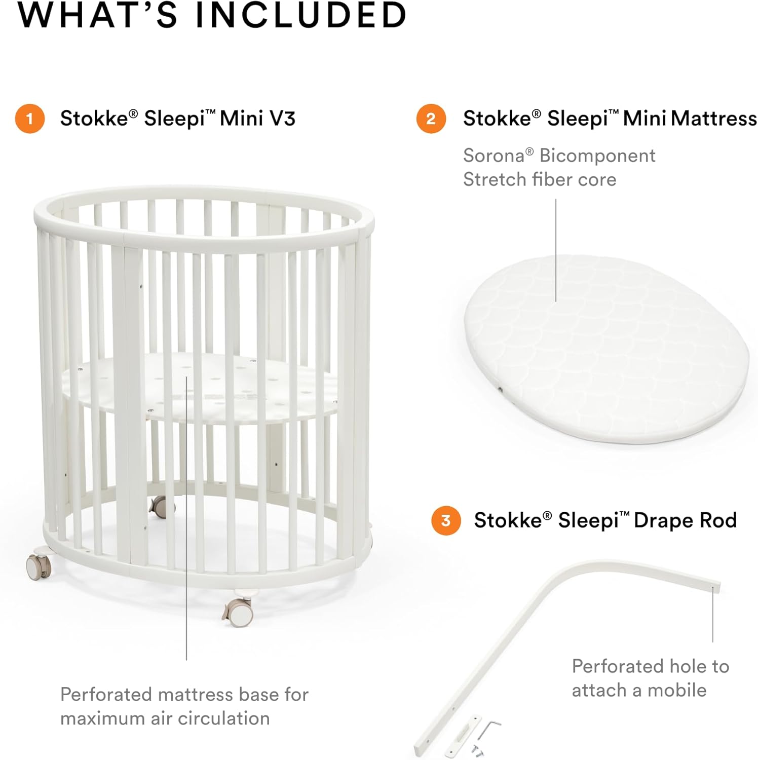 Stokke Sleepi Mini Bundle V3, White - Includes Sleepi Mini V3, Mattress & Drape Rod - Suitable for Ages 0-5 Years Old - Adjustable & Stylish