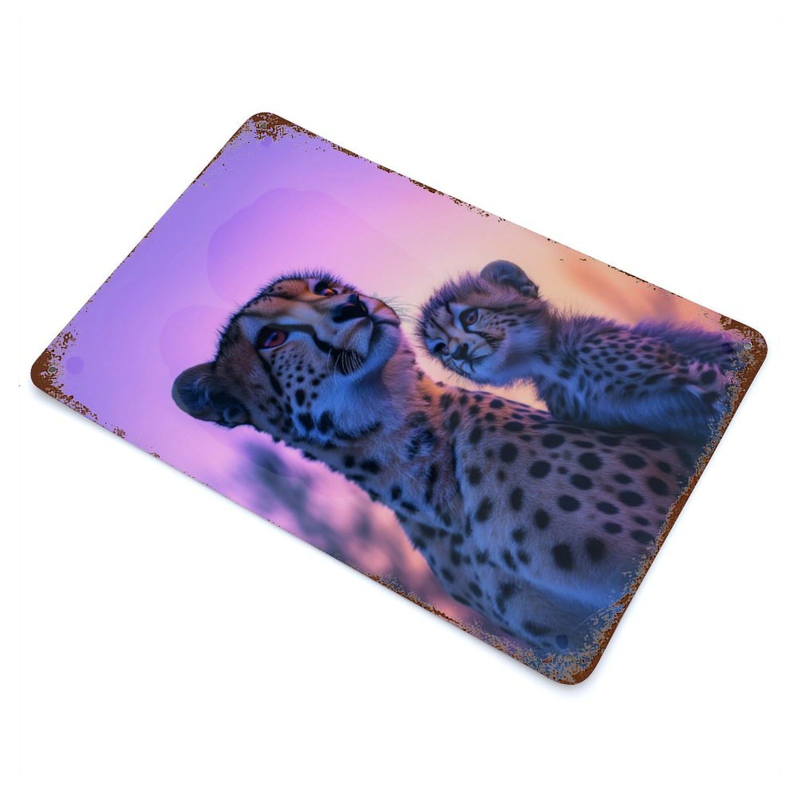 Cheetah Mother And Cub 11.8"x7.9" Rustic Tin Plaque, Novelty Wall Decor for Living Room, Hallway And Home Decor