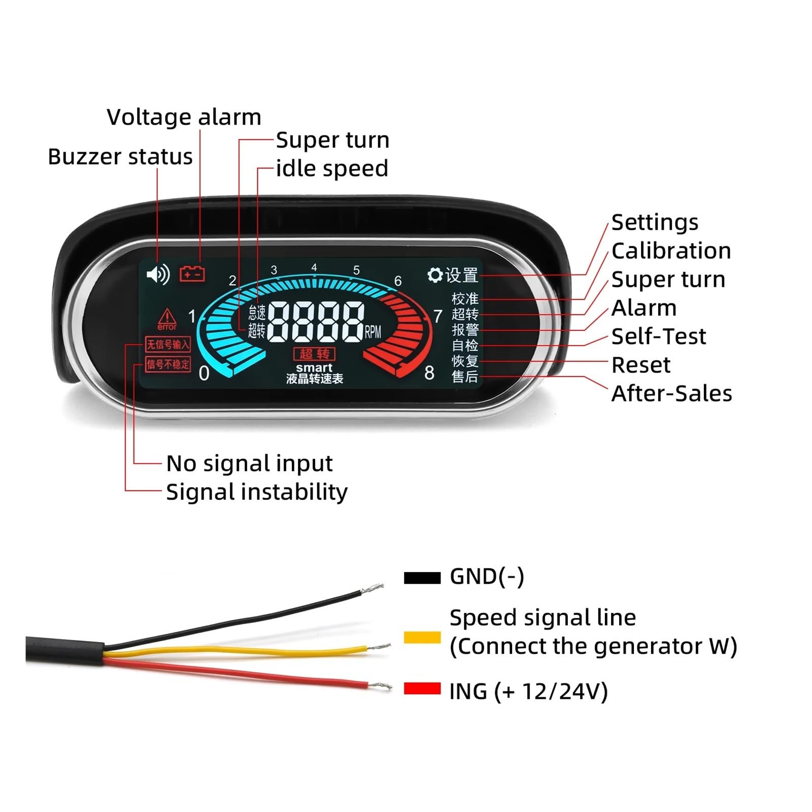 AD Auto Coche LCD Tacómetro Digital Motor Tacómetro Coche Motocicleta RPM Medidor 12/24v 0-9999 RPM Medidor Coche Calibre 1-10 Cilindros