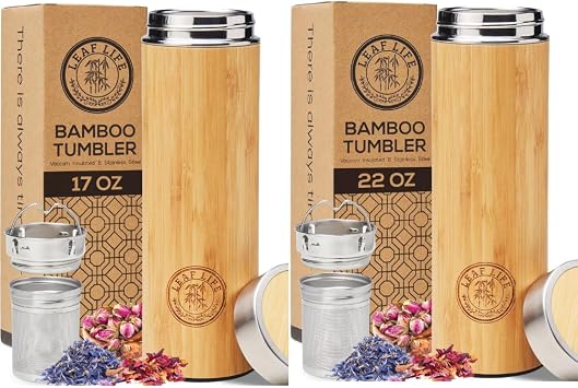Premium Bamboo Thermos with Tea Infuser for Loose Tea - Tea Gift Set - Insulated Water Bottle/Iced Coffee Tumbler - Unique Gifts for Women, Gifts For Women Who Have Everything - 17oz with 22oz