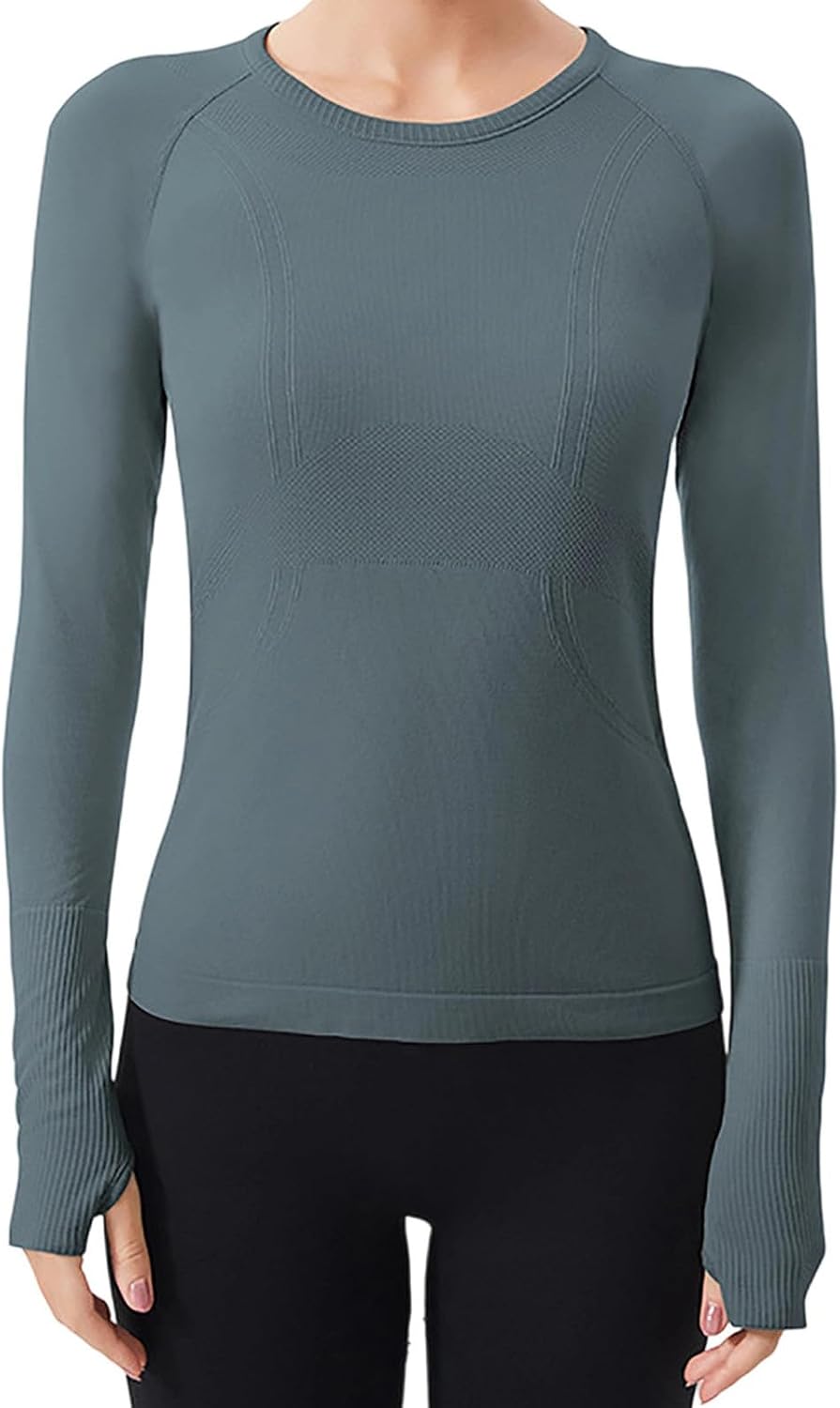 Women Yoga Tops Long Sleeve Workout Seamless Crewneck Slim Fit Stretch Shirts Gym Athletic Breathable Solid Clothes