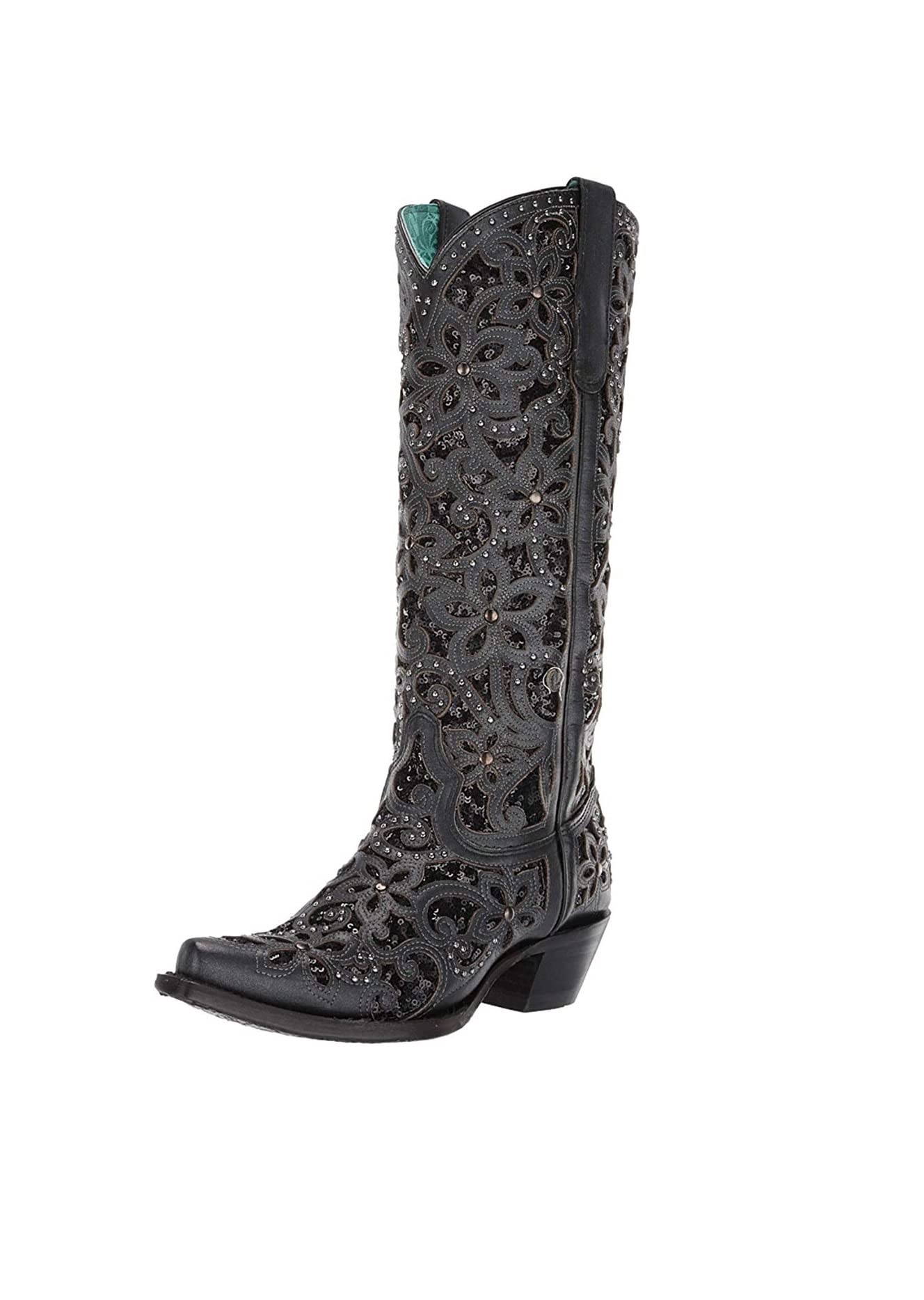 Corral Boots Womens Floral Studded Rhinestones Sequins Tooled Inlay Snip Toe Casual Boots Knee High Low Heel 1-2" - Black