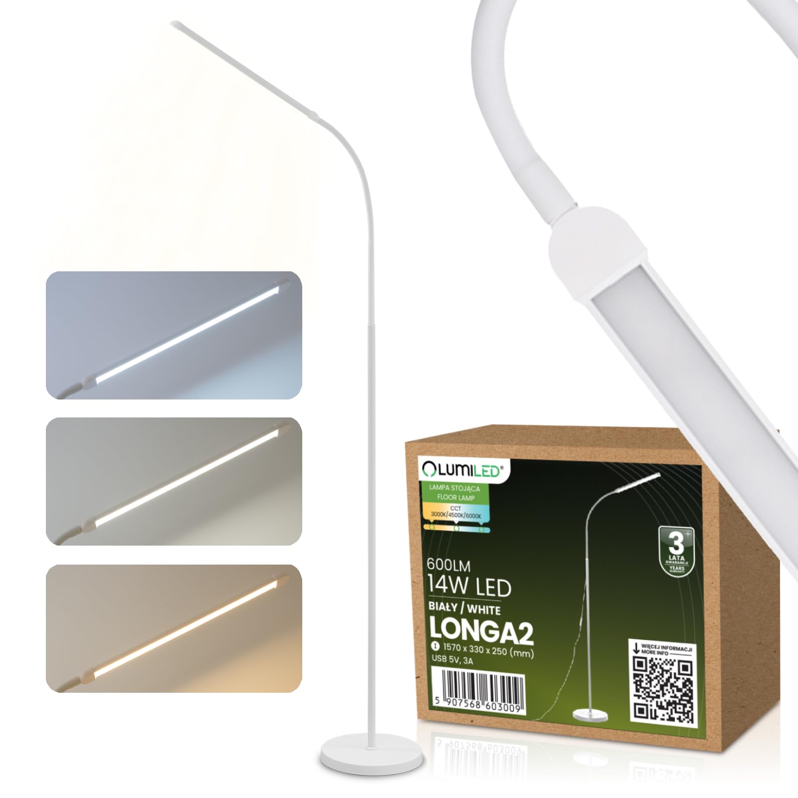 Lumiled Lámpara de pie LED blanca 14 W CCT 3000 K/4500 K/6000 K regulable regulable regulable moderna lámpara de lectura lámpara de suelo con cable USB y adaptador para salón, dormitorio, oficina